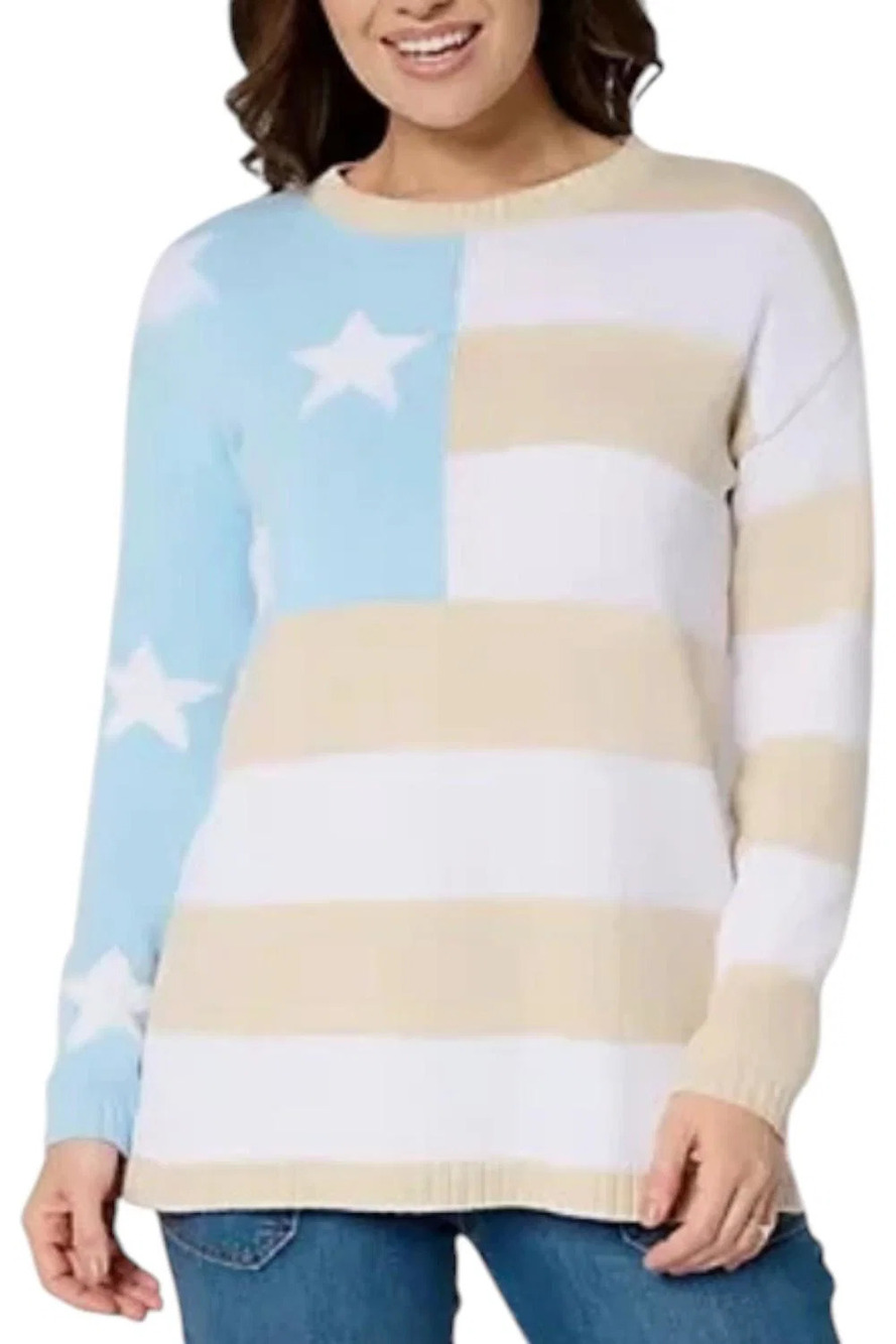Denim & Co. Women's Americana Cotton Drop Shoulder Flag Sweater Stone - Regular